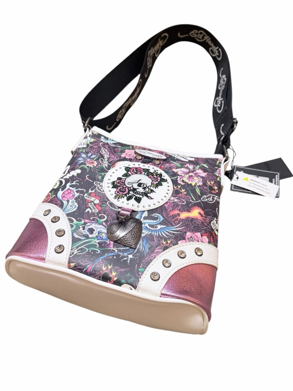 🌼💚NWT Ed Hardy Women's Slim Skull & Roses Crossbody Bag - Black & Pink - Picture 5 of 10